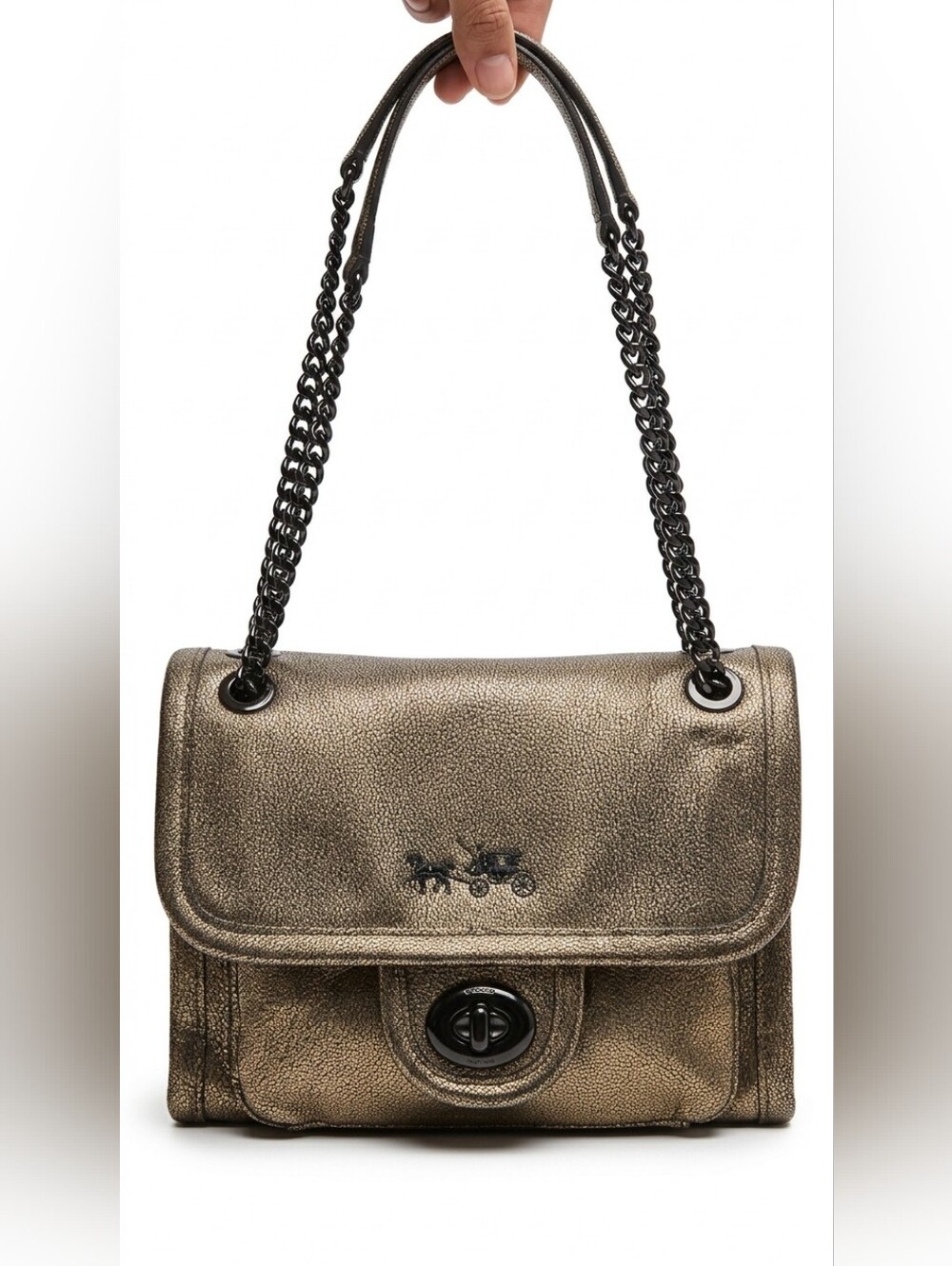 COACH F33553 Ranger Flap Metallic Brass Leather Crossbody Bag - CLEAN Interior